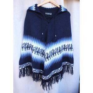Dark Blue Alpaca Connection Poncho- Southwestern Fringe Boho Sweater